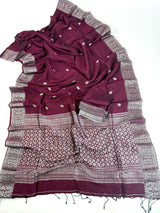 Deep Purple Color Bengal Linen Handwoven Saree with Sliver Zari Weave with small Buttis