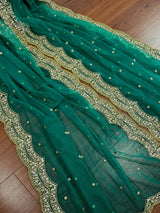 Rama Green Net Dupatta, Gold Zari Sequin Beadwork, Indian Wedding Wear