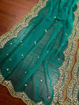 Rama Green Net Dupatta, Gold Zari Sequin Beadwork, Indian Wedding Wear