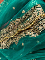 Rama Green Net Dupatta, Gold Zari Sequin Beadwork, Indian Wedding Wear