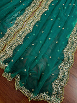 Rama Green Net Dupatta, Gold Zari Sequin Beadwork, Indian Wedding Wear