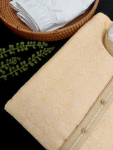 Yellow jacquard silk men's kurta pajama set with embossed embroidery — Kaash Collection