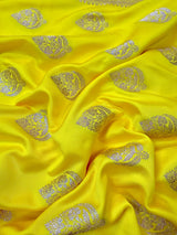 Bright Lemon Yellow Banarasi Mashru Silk Saree, Muted Gold Zari Weave, Small Border - Kaash Collection