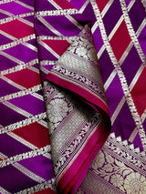 Purple and Maroon Mashru Silk Saree, Muted Gold Zari Weave - Kaash Collection
