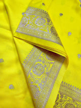 Bright Lemon Yellow Banarasi Mashru Silk Saree, Muted Gold Zari Weave, Small Buttis and Border - Kaash Collection
