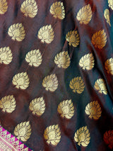 Dual wrap Banarasi Silk Saree in Rust and Dark Green tone with Hot Pink Satin Patta Wide Border - Kaash Collection