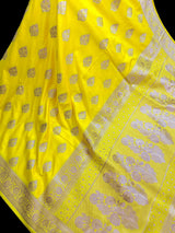 Bright Lemon Yellow Banarasi Mashru Silk Saree, Muted Gold Zari Weave, Small Border - Kaash Collection