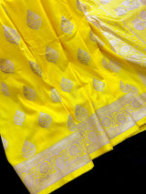 Bright Lemon Yellow Banarasi Mashru Silk Saree, Muted Gold Zari Weave, Small Border - Kaash Collection