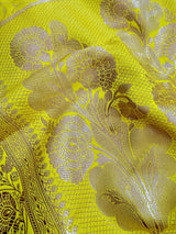 Bright Lemon Yellow Banarasi Mashru Silk Saree, Muted Gold Zari Weave, Small Buttis and Border - Kaash Collection