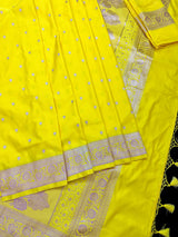 Bright Lemon Yellow Banarasi Mashru Silk Saree, Muted Gold Zari Weave, Small Buttis and Border - Kaash Collection