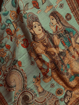 Deep Olive Green Color Semi Tussar Saree with Kalamkari and Radha Krishna with a Peacock Digital Prints - Kaash Collection