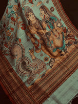 Deep Olive Green Color Semi Tussar Saree with Kalamkari and Radha Krishna with a Peacock Digital Prints - Kaash Collection