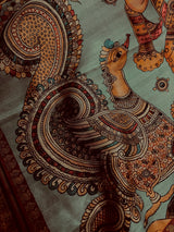 Deep Olive Green Color Semi Tussar Saree with Kalamkari and Radha Krishna with a Peacock Digital Prints - Kaash Collection