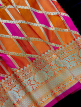 Orange and Pink Mashru Silk Saree, Muted Gold Zari Weave