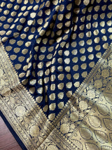Navy Blue Traditional Banarasi Handloom Saree in Semi Banarasi Silk with Small Buttis