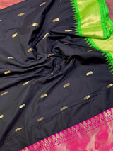 Black Color Soft Gadwal Silk with Ganga Yamuna Temple Border