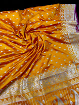 Semi Pure Mango Yellow Dual Tone Soft Banarasi Mashru Silk Handloom Saree