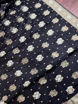 Black Organza Silk Saree with Antique and Sliver Zari, Floral design