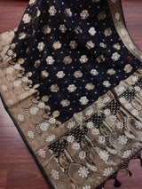 Black saree in organza silk with antique and silver zari floral design — Kaash Collection