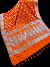 Marigold Color Banarasi Mashru Silk Saree, Muted Gold Zari Weave, Small Border