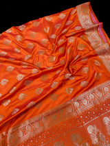Marigold Color Banarasi Mashru Silk Saree, Muted Gold Zari Weave, Small Border