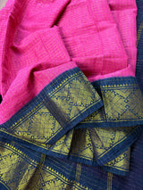 Deep Pink and Blue saree in madurai sungudi cotton with handmade sungudi with zari checks — Kaash Collection