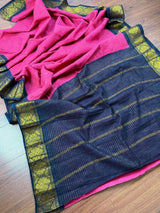 Deep Pink Blue Madurai Sungudi Cotton Saree | Zari Checks Handmade Traditional Wear | No Blouse