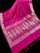 Deep Rani Pink Banarasi Mashru Silk Saree, Sliver Zari Weave, Small Buttis and Border