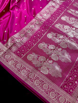 Deep Rani Pink Banarasi Mashru Silk Saree, Sliver Zari Weave, Small Buttis and Border