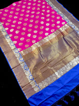 Pink Color Banarasi Silk Saree in Gold Zari Weave Work and Wide Border in Antique Zari