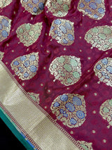 Wine Color Traditional Banarasi Tanchoi Handloom Silk Saree | Tree Pattern Buttas with small zari buttis and Tanchoi Weave | Banarasi Saree