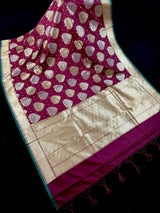 Wine Color Traditional Banarasi Tanchoi Handloom Silk Saree | Tree Pattern Buttas with small zari buttis and Tanchoi Weave | Banarasi Saree