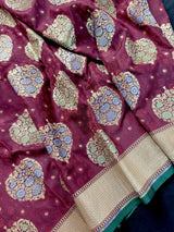 Wine Color Traditional Banarasi Tanchoi Handloom Silk Saree | Tree Pattern Buttas with small zari buttis and Tanchoi Weave | Banarasi Saree