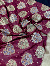 Wine Color Traditional Banarasi Tanchoi Handloom Silk Saree | Tree Pattern Buttas with small zari buttis and Tanchoi Weave | Banarasi Saree