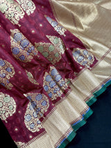 Wine Color Traditional Banarasi Tanchoi Handloom Silk Saree | Tree Pattern Buttas with small zari buttis and Tanchoi Weave | Banarasi Saree
