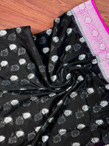 Black Semi Banarasi Organza Silk Saree with Hot Pink Border & Silver Zari Weave