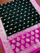 Black Semi Banarasi Organza Silk Saree with Hot Pink Border & Silver Zari Weave