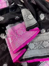 Black Semi Banarasi Organza Silk Saree with Hot Pink Border & Silver Zari Weave