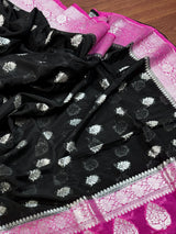 Black Semi Banarasi Organza Silk Saree with Hot Pink Border & Silver Zari Weave