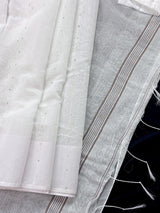 Plain White Color Handloom Linen Saree with Copperish Gold Zari and tiny Sequins