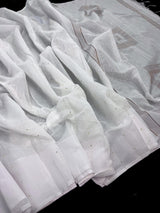 Plain White Color Handloom Linen Saree with Copperish Gold Zari and tiny Sequins
