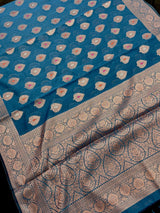 Handmade Teal Color Pure Banarasi Cotton Silk Saree with Antique Copper Zari Weave, Meenakari