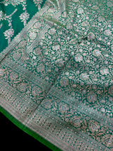 Green Color Banarasi Silk Saree with Floral Jaal in Muted Gold Zari