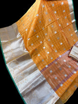 Mango Yellow with Green Border saree in banarasi kora organza silk with check weave with wide silver zari border — Kaash Collection