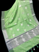 Green with Grey saree in banarasi silk cotton with silver zari borders with floral buttas — Kaash Collection