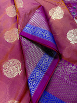 Rust Banarasi Semi Katan Silk Saree with undertone of Purple