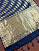 Navy Blue Traditional Banarasi Handloom Saree in Semi Banarasi Silk with Small Buttis