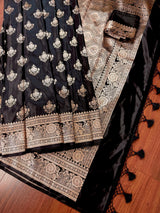 Black Color Mashru Silk Handloom Saree with Muted Gold Zari Weave | Banarasi Mashru Silk Saree | Party Wedding Wear Sarees