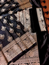 Black Color Mashru Silk Handloom Saree with Muted Gold Zari Weave | Banarasi Mashru Silk Saree | Party Wedding Wear Sarees