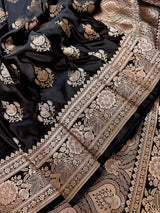 Black saree in banarasi mashru silk with muted gold zari weave — Kaash Collection